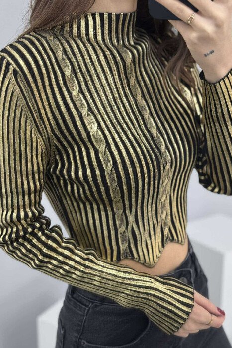 HIGH NECK BRAIDS SHINY WOMEN SWEATER GOLDEN ROD/GOLD - 4