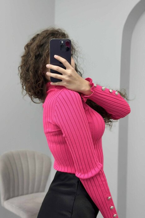 HIGH NECK BUTTONS DETAIL WOMEN SWEATER PINK/ROZE - 4
