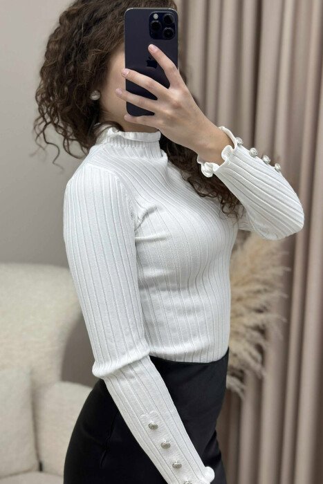 HIGH NECK BUTTONS DETAIL WOMEN SWEATER WHITE-E BARDHE - 3