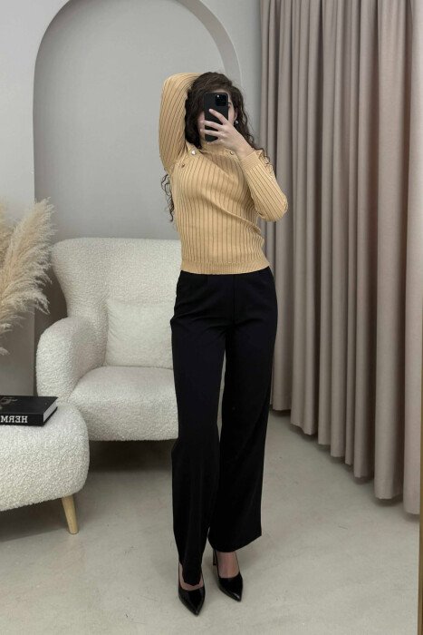 HIGH NECK BUTTONS ONE COLOR WOMEN SWEATER BEIGE/BEZHE - KLAUDIO FASHION
