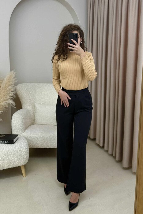 HIGH NECK BUTTONS ONE COLOR WOMEN SWEATER BEIGE/BEZHE - 2