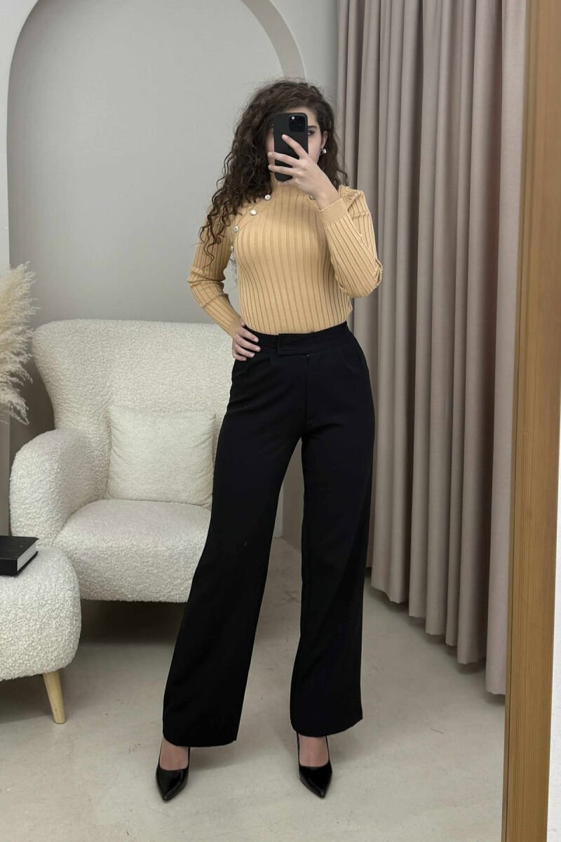 HIGH NECK BUTTONS ONE COLOR WOMEN SWEATER BEIGE/BEZHE - 3