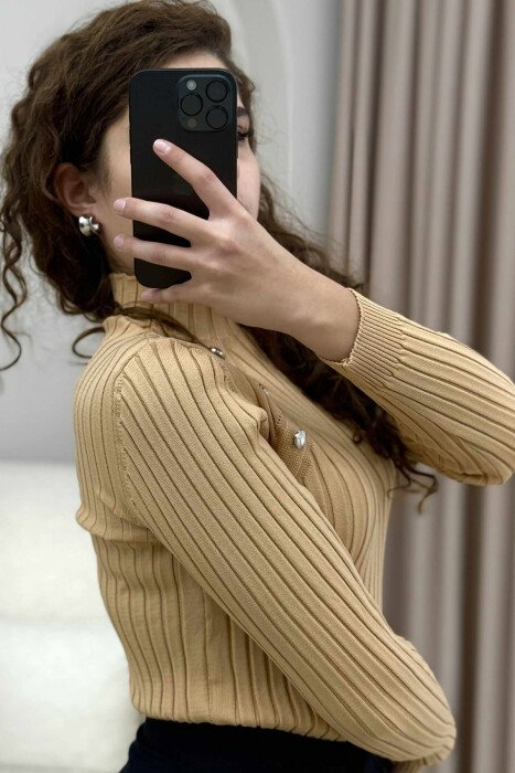 HIGH NECK BUTTONS ONE COLOR WOMEN SWEATER BEIGE/BEZHE - 5