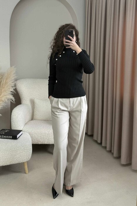 HIGH NECK BUTTONS ONE COLOR WOMEN SWEATER BLACK/ E ZEZE - 1