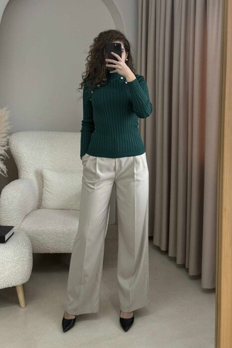 HIGH NECK BUTTONS ONE COLOR WOMEN SWEATER DARK GREEN/JEE - KLAUDIO FASHION