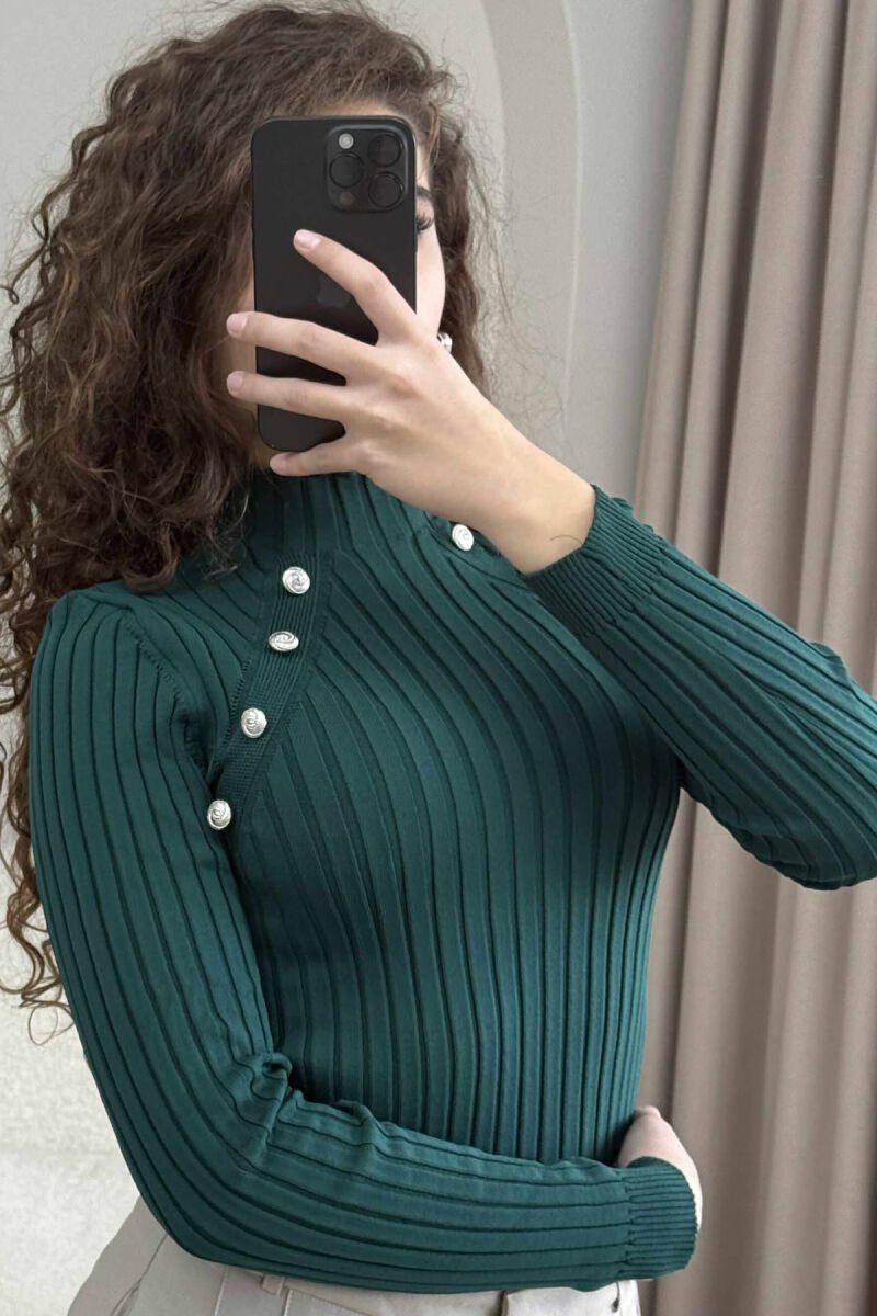 HIGH NECK BUTTONS ONE COLOR WOMEN SWEATER DARK GREEN/JEE - 2