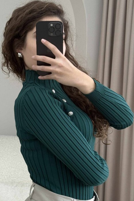 HIGH NECK BUTTONS ONE COLOR WOMEN SWEATER DARK GREEN/JEE - 3