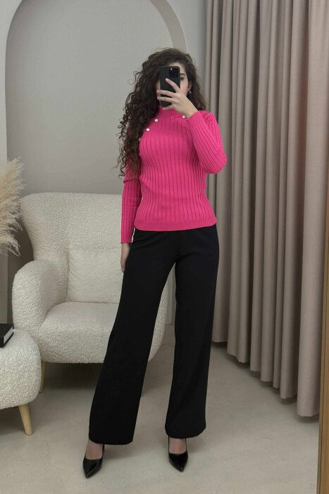 HIGH NECK BUTTONS ONE COLOR WOMEN SWEATER FUCHSIA/CIKLAMI - KLAUDIO FASHION