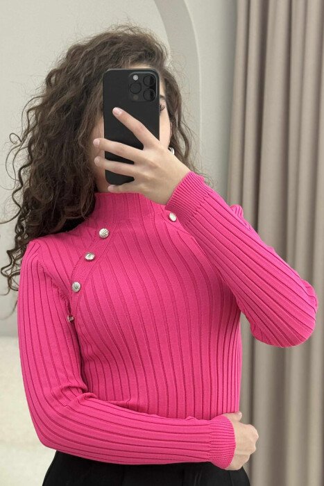 HIGH NECK BUTTONS ONE COLOR WOMEN SWEATER FUCHSIA/CIKLAMI - 2
