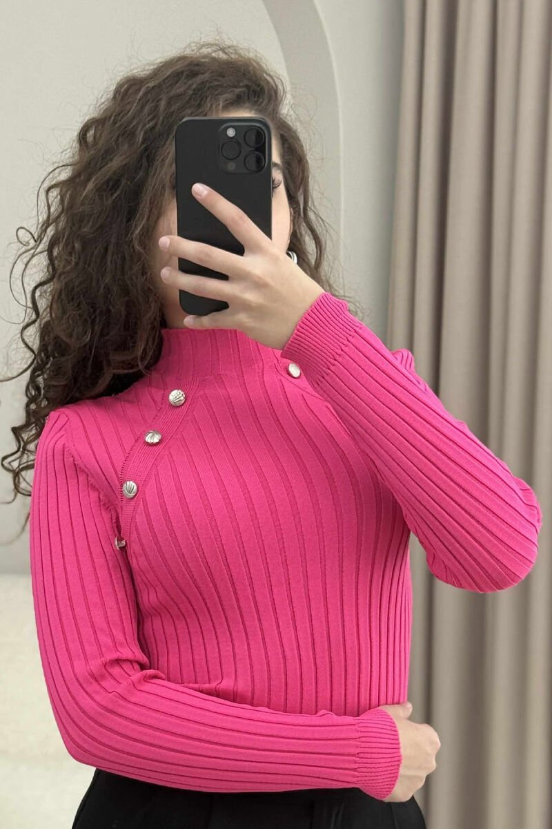 HIGH NECK BUTTONS ONE COLOR WOMEN SWEATER FUCHSIA/CIKLAMI - 2