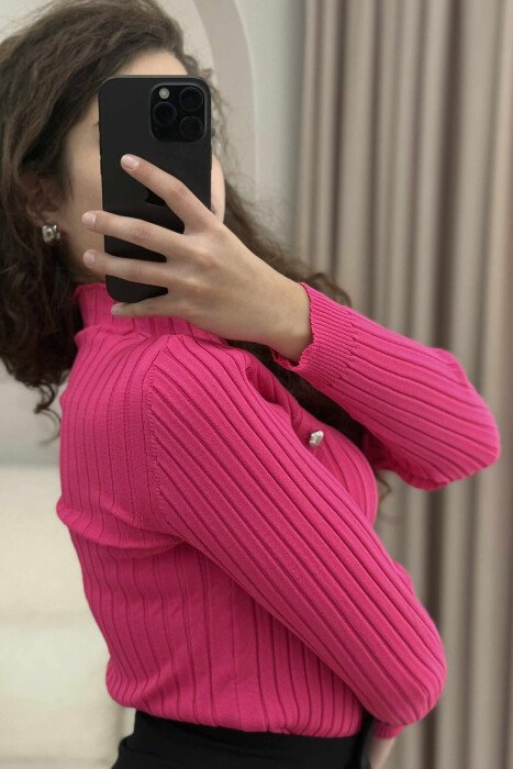 HIGH NECK BUTTONS ONE COLOR WOMEN SWEATER FUCHSIA/CIKLAMI - 3