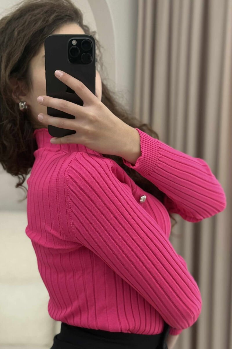 HIGH NECK BUTTONS ONE COLOR WOMEN SWEATER FUCHSIA/CIKLAMI - 3