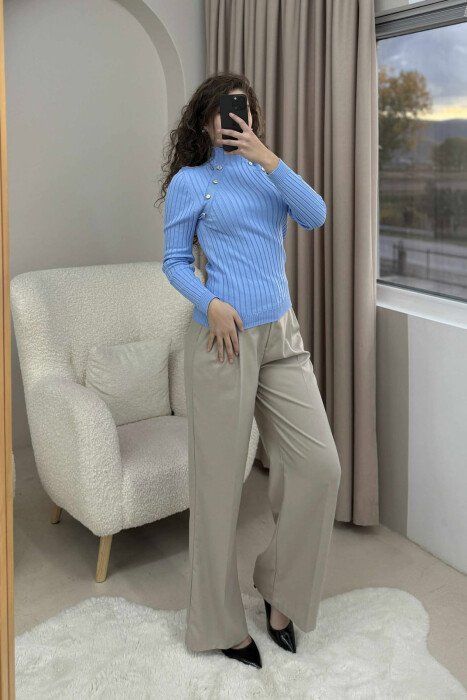 HIGH NECK BUTTONS ONE COLOR WOMEN SWEATER LIGHTBLUE/BZ - 1