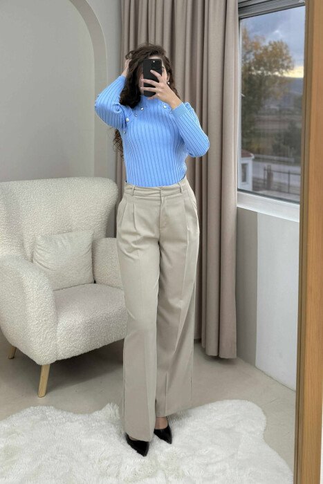 HIGH NECK BUTTONS ONE COLOR WOMEN SWEATER LIGHTBLUE/BZ - 2