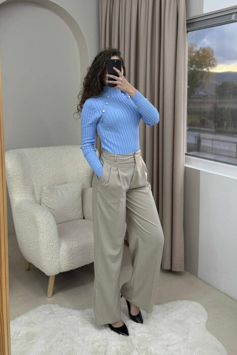 HIGH NECK BUTTONS ONE COLOR WOMEN SWEATER LIGHTBLUE/BZ - 3