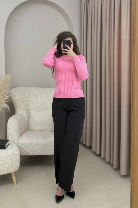 HIGH NECK BUTTONS ONE COLOR WOMEN SWEATER PINK/ROZE - 1