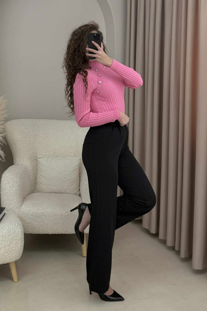 HIGH NECK BUTTONS ONE COLOR WOMEN SWEATER PINK/ROZE - 3