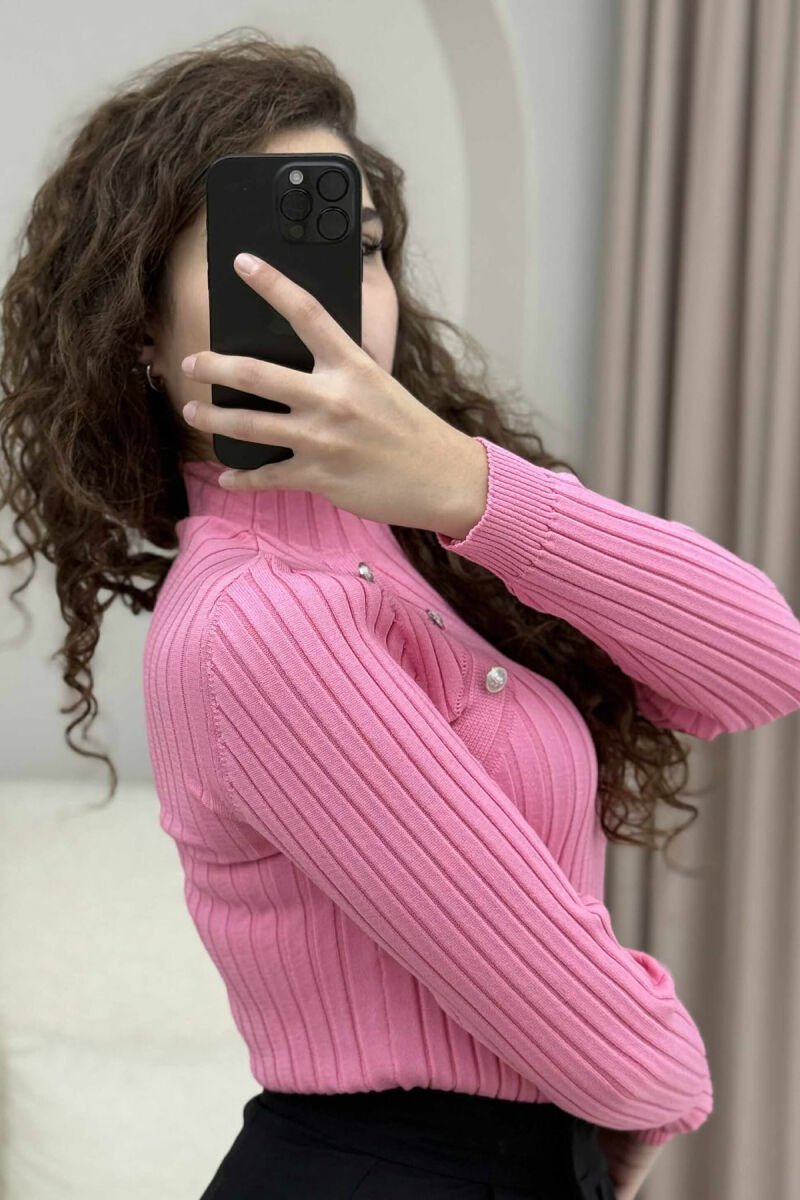 HIGH NECK BUTTONS ONE COLOR WOMEN SWEATER PINK/ROZE - 6