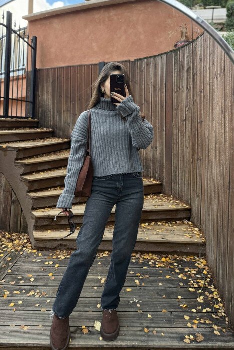 HIGH NECK CROPPED KNITTED WOMEN SWEATER GREY/GRI - 1