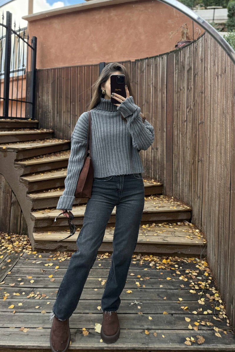 HIGH NECK CROPPED KNITTED WOMEN SWEATER GREY/GRI - 1