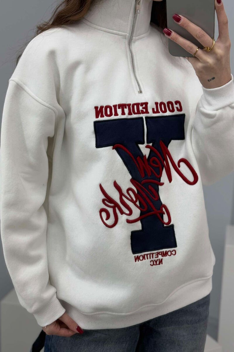 HIGH NECK FLUFFY WOMEN SWEATSHIRT WHITE-BLUE/BABL - 3