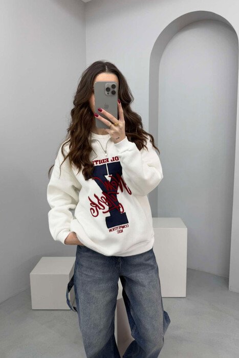 HIGH NECK FLUFFY WOMEN SWEATSHIRT WHITE-BLUE/BABL 