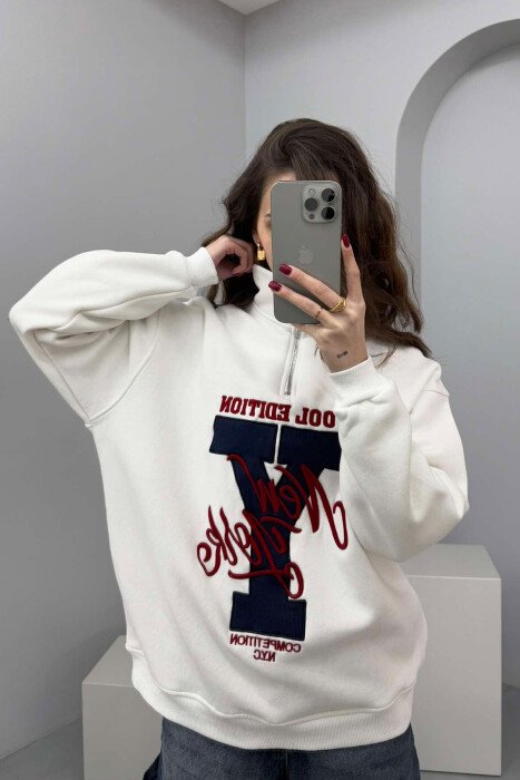 HIGH NECK FLUFFY WOMEN SWEATSHIRT WHITE-BLUE/BABL - 2