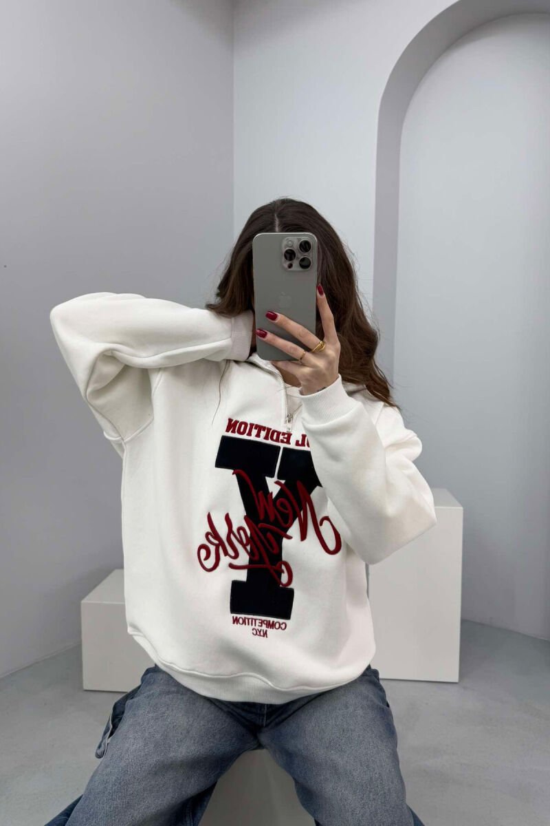 HIGH NECK FLUFFY WOMEN SWEATSHIRT WHITE-BLACK/BAZE - 1