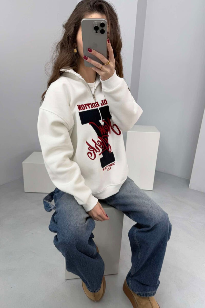 HIGH NECK FLUFFY WOMEN SWEATSHIRT WHITE-BLACK/BAZE - 2