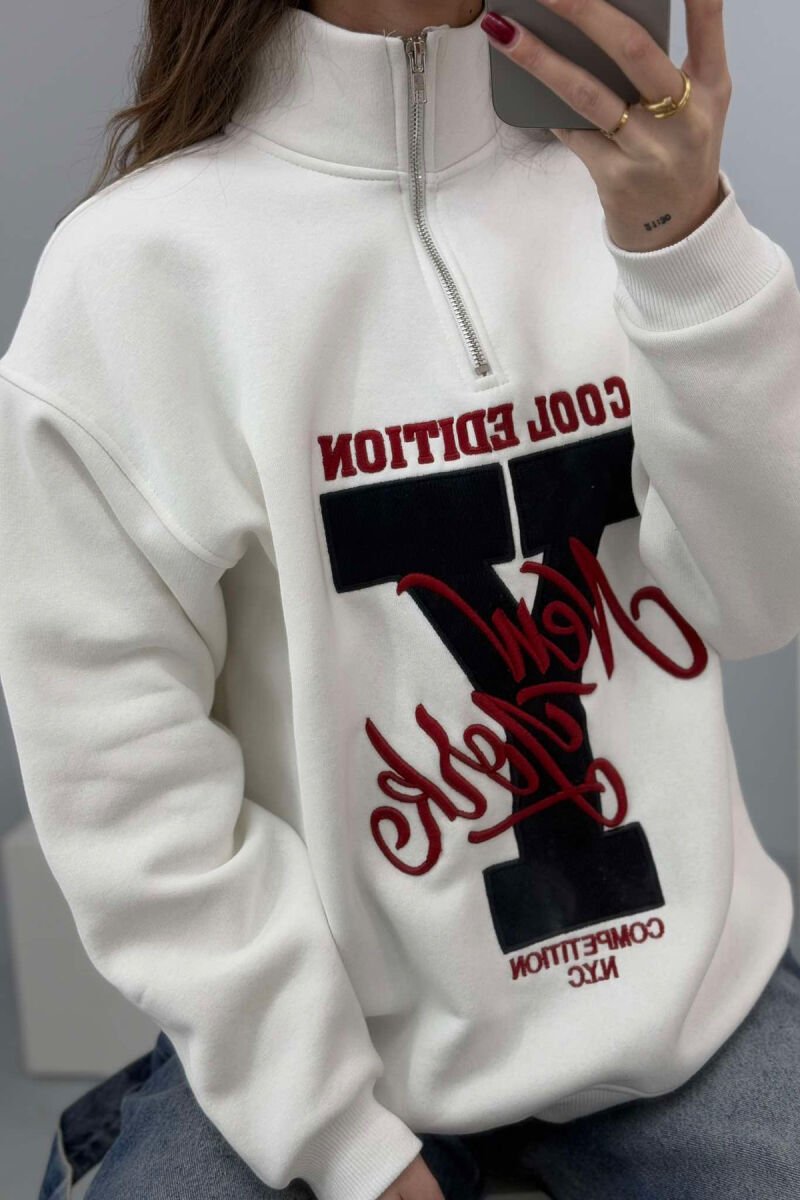 HIGH NECK FLUFFY WOMEN SWEATSHIRT WHITE-BLACK/BAZE - 3