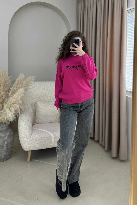 HIGH NECK FRONT WRITTINGS WOMEN SWEATER FUCHSIA/CIKLAMI - 1