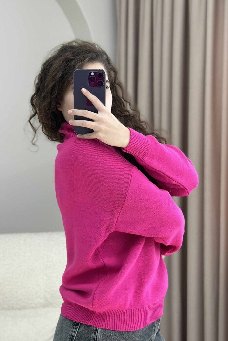 HIGH NECK FRONT WRITTINGS WOMEN SWEATER FUCHSIA/CIKLAMI - 4