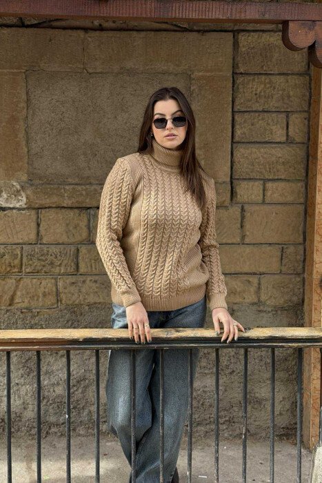 HIGH NECK KNITTED ONE COLOR WOMEN SWEATER LIGHT BROWN/KAZB - KLAUDIO FASHION