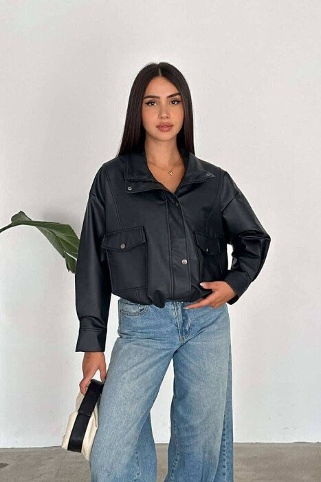 HIGH NECK LEATHER WOMEN JACKET BLACK/ E ZEZE - KLAUDIO FASHION