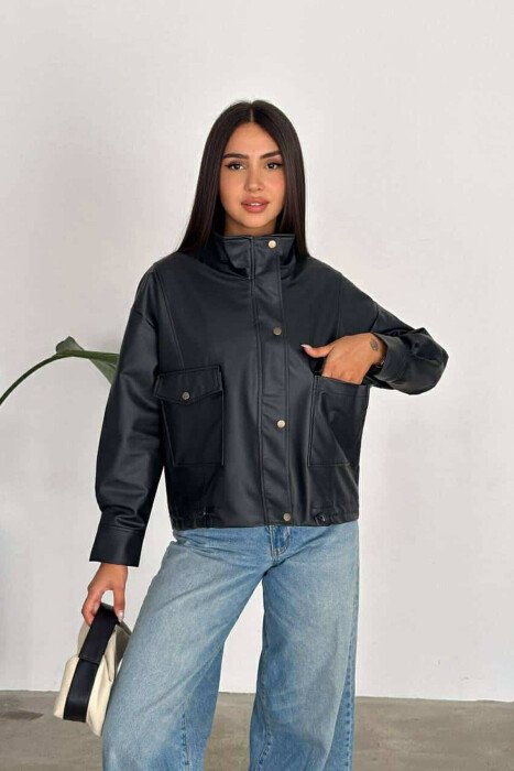 HIGH NECK LEATHER WOMEN JACKET BLACK/ E ZEZE - 2