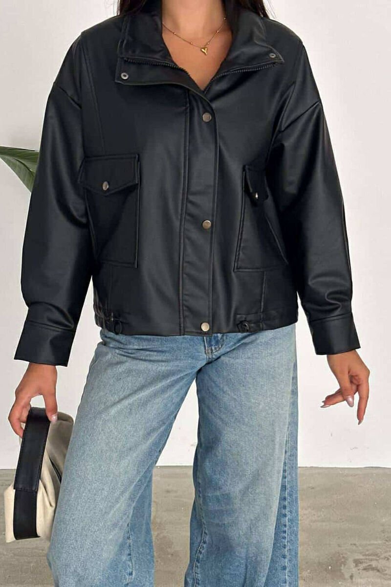 HIGH NECK LEATHER WOMEN JACKET BLACK/ E ZEZE - 3