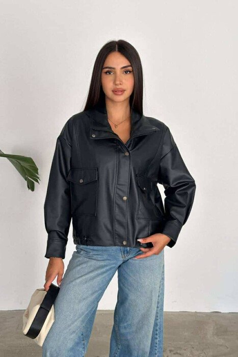 HIGH NECK LEATHER WOMEN JACKET BLACK/ E ZEZE - 4