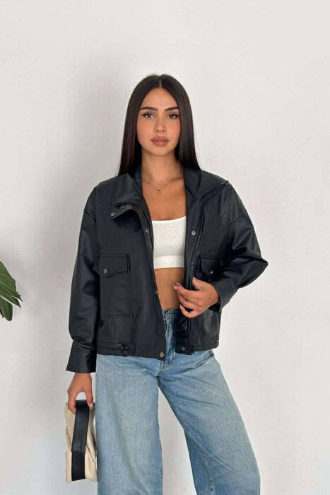 HIGH NECK LEATHER WOMEN JACKET BLACK/ E ZEZE - 5