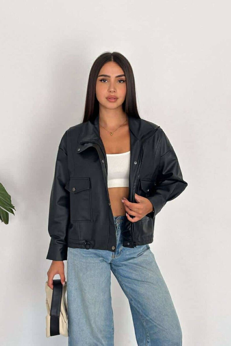 HIGH NECK LEATHER WOMEN JACKET BLACK/ E ZEZE - 5
