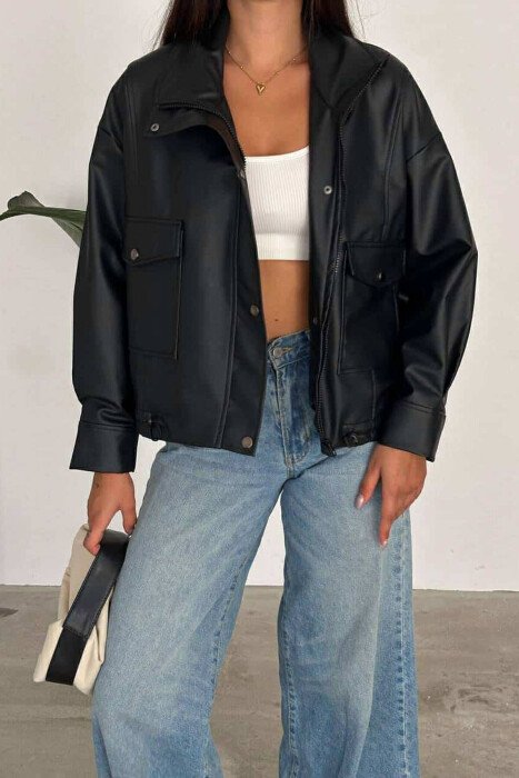 HIGH NECK LEATHER WOMEN JACKET BLACK/ E ZEZE - 6