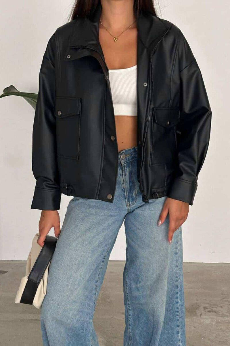HIGH NECK LEATHER WOMEN JACKET BLACK/ E ZEZE - 6