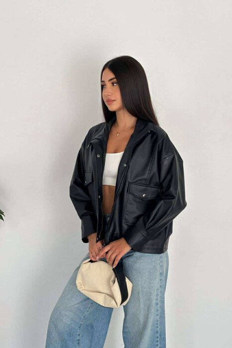 HIGH NECK LEATHER WOMEN JACKET BLACK/ E ZEZE - 7