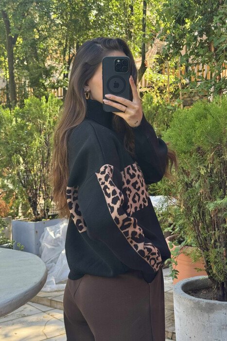 HIGH NECK LEO DESIGN WOMEN SWEATER BLACK/ E ZEZE - 4
