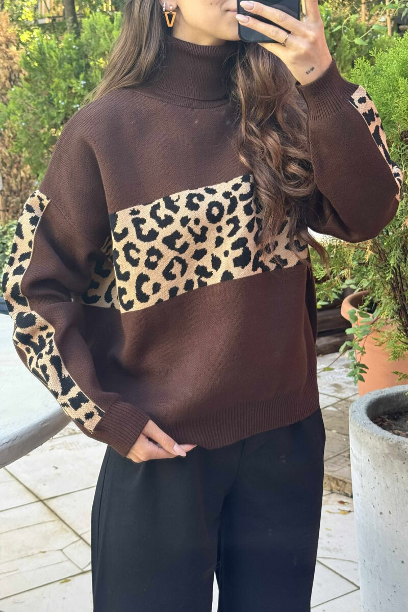 HIGH NECK LEO DESIGN WOMEN SWEATER BROWN/KAFE - 3