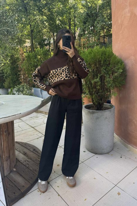 HIGH NECK LEO DESIGN WOMEN SWEATER BROWN/KAFE - 4
