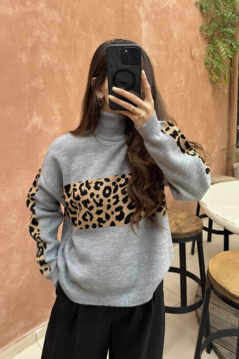 HIGH NECK LEO DESIGN WOMEN SWEATER GREY/GRI - 3