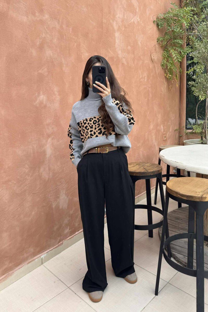 HIGH NECK LEO DESIGN WOMEN SWEATER GREY/GRI - 4