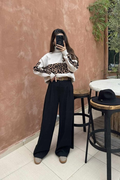 HIGH NECK LEO DESIGN WOMEN SWEATER LIGHT BEIGE/BZHZB - 2