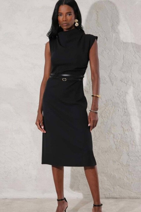 HIGH NECK LONG WOMEN DRESS BLACK/ E ZEZE - KLAUDIO FASHION
