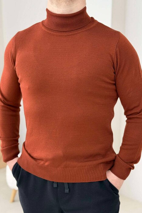 ONE COLOR HIGH NECK MEN SWEATER BRICK/TULLE - 1
